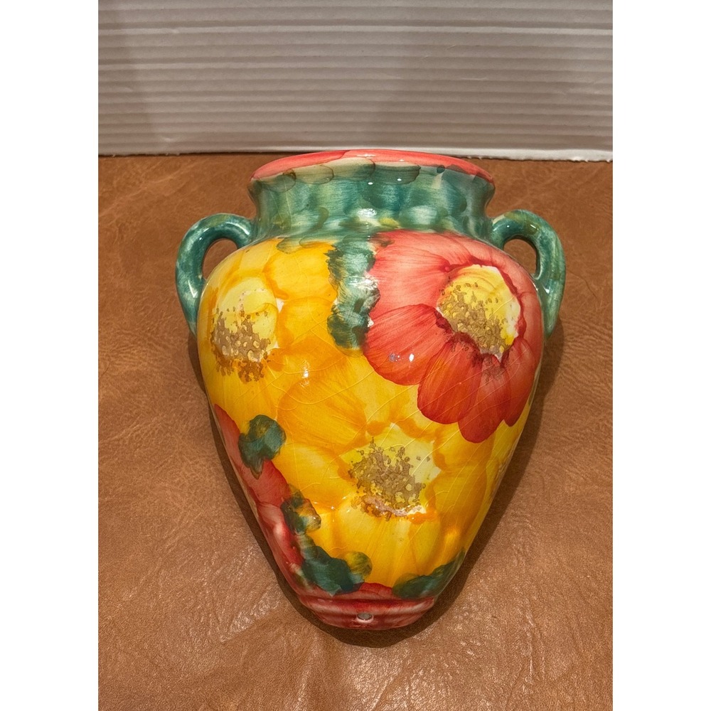 Midas Hand Painted Ceramic Wall Pocket Vase Floral Yellow Red Crazed Glaze 7.5in